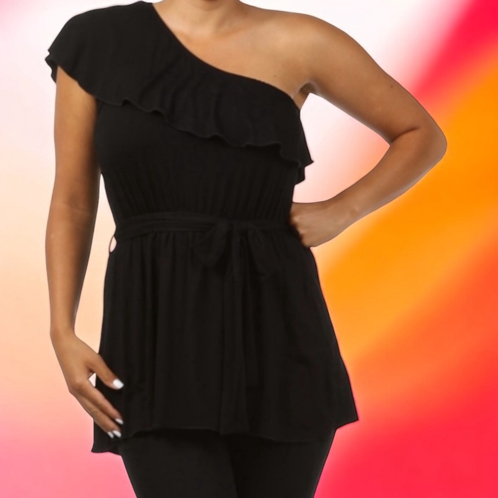 Poliana Plus Ruffle One Shoulder Tie Waist Knit Tunic Women’s 2X Black